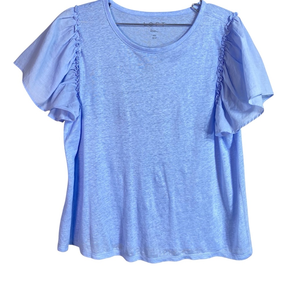 LOFT Blue Linen Ruffle Shirt